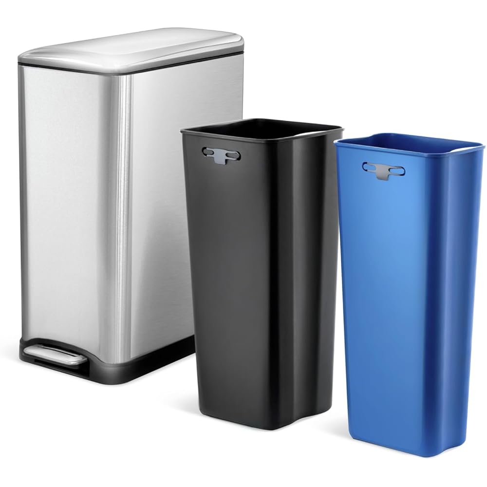 Home Zone Living 13 Gallon Slim Kitchen Trash Can with Dual Compartments for Recycling, Stainless Steel, Silver, 50 Liters Total, Gen 2 : Home & Kitchen