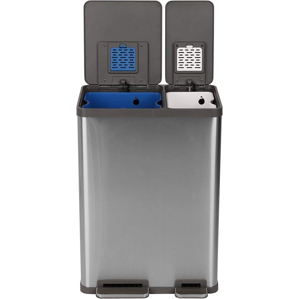 Simpli-Magic 16 Gallon (38L x 22L) Dual Compartment Step Trash Can 鈥?Kitchen Garbage Can with Waste & Recycling Bins 鈥?Slow-Close Lid, Odor Control, Hands-Free, Easy to Clean, Brushed Stainless Steel : Home & Kitchen