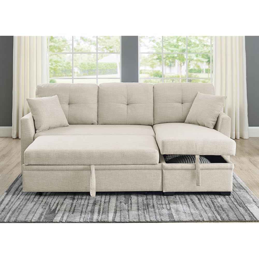 ERYE 83-inch Pull Out Sleeper Couch Bed, L-Shaped Corner Reversible Sleeper Sectional Sofa Polyester Blend Tufted Upholstered Convertible Sofa Bed with Storage Chaise for Home Apartment Living Room : Home & Kitchen