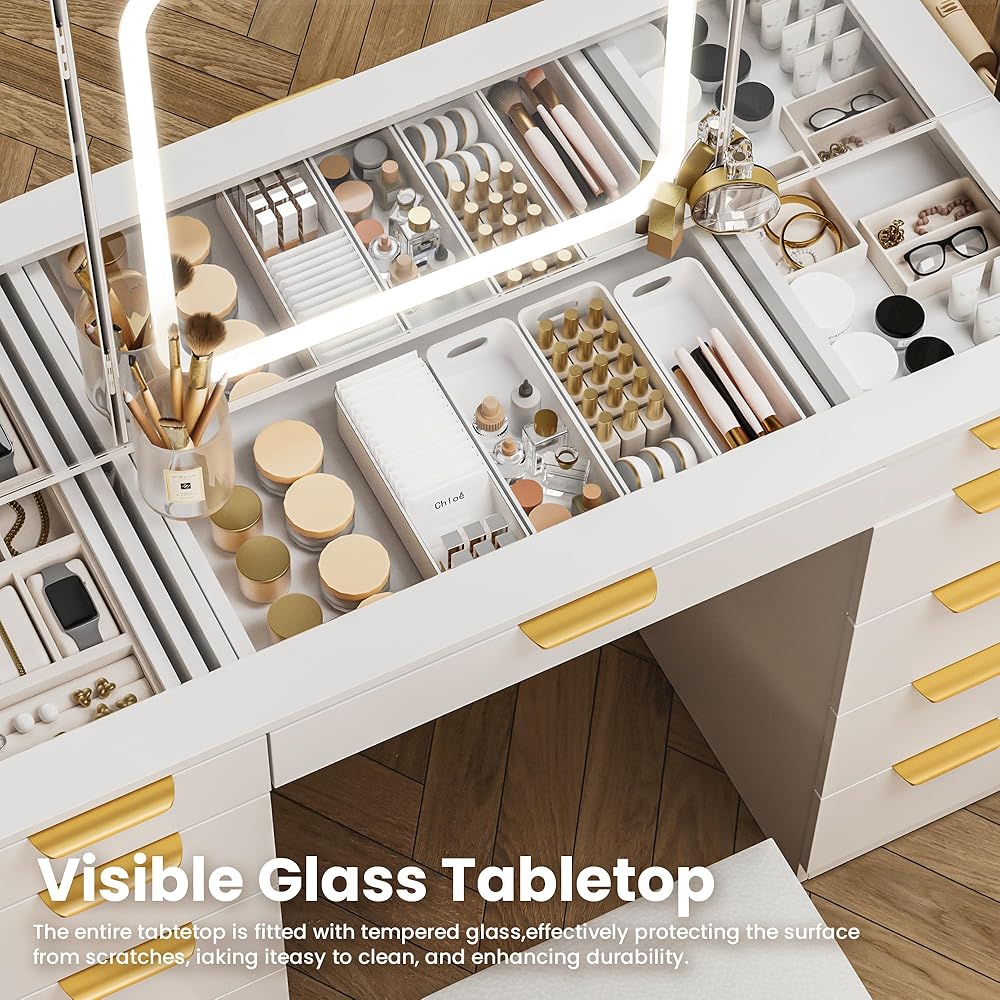 Pamapic 11 Drawers Vanity Desk with Foldable Mirror, Glass Top Makeup Vanity with LED Lights, 3 Lighting Modes, Golden Handles Dressing Table with Chair and Power Outlet : Home & Kitchen