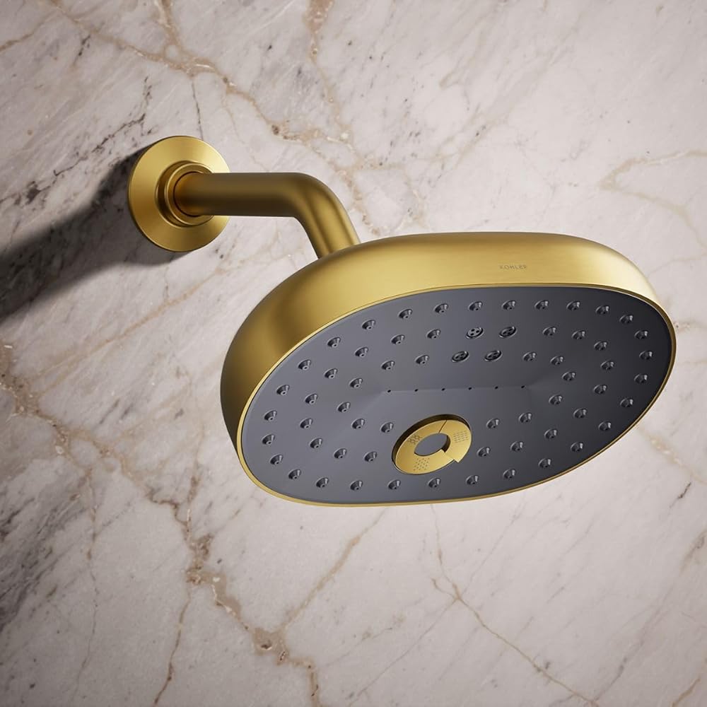 KOHLER 26290-2MB Statement Three-Function SHOWERHEAD, Maximum Spray Performance with Mode Selector Buttons, Vibrant Brushed Moderne Brass, 2.5 GPM -