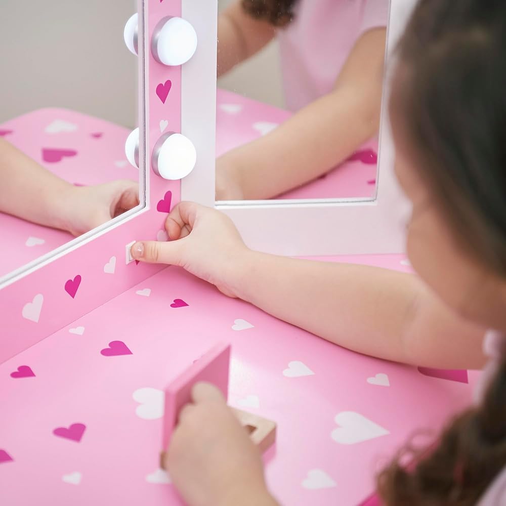 Teamson Kids Vanity Set for Girls with LED Lights, Tri-Fold Mirror, Stool & Drawer, Pretend Makeup Table for Toddlers, Heart Design, Wooden White Pink Princess Play Furniture, Ages 3+