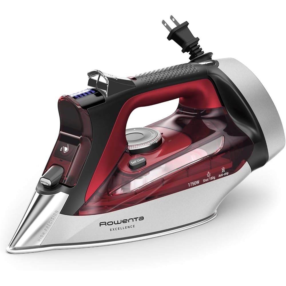 Rowenta, Iron, Focus Excellence Stainless Steel Soleplate Steam Iron for Clothes, Retractable Cord, 400+ Microsteam Holes, Powerful steam, LED Display, 1750 W Ironing Clothes, Cordreel, Red DW5433