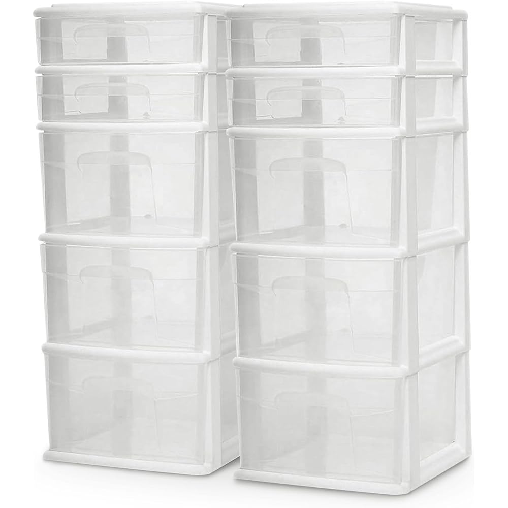 HOMZ 2-Pack Drawer Tower, 5-Tier Clear Plastic Storage Organizer Unit, White Frame - Multi-Purpose Container Drawers for Bedroom, Bathroom, and Office Organization : Home & Kitchen