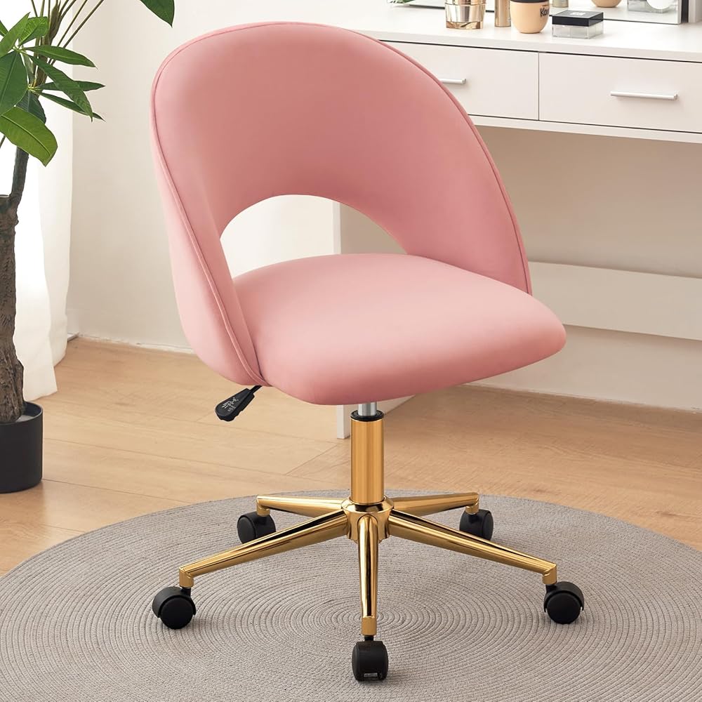 Furniliving Pink Vanity Chair, Cute Desk Chairs for Girls with Back, Rolling Upholstered Accent Chair for Living Room/Makeup Room/Bedroom, Pink : Home & Kitchen