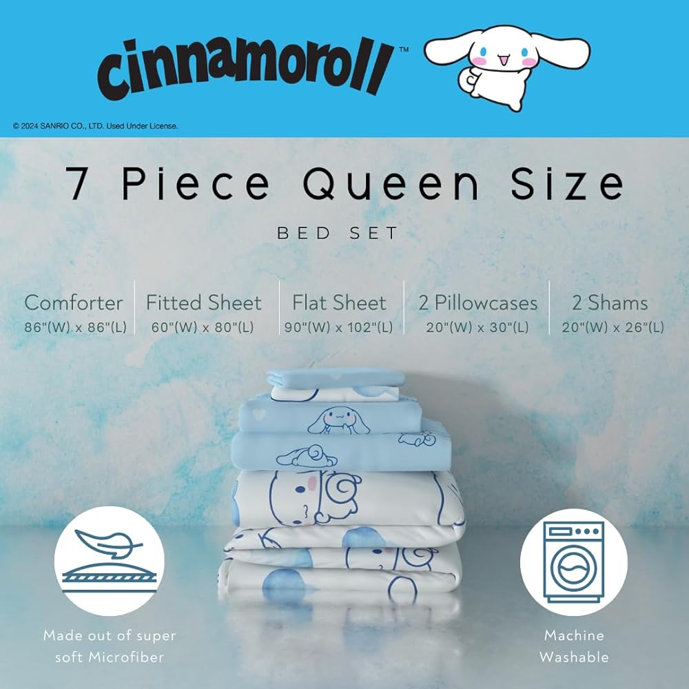 Franco Cinnamoroll Bedding 7 Piece Super Soft Cozy Reversible Comforter and Sheet Set with Sham, Queen, (100% Official Licensed Product) : Home & Kitchen