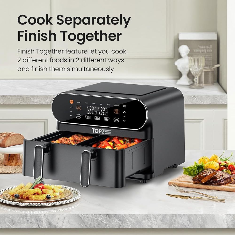 TOPZEE 11-QT Large Air Fryer - 8 in 1 XL Airfryer with Flex Basket, Divider for Dual Cooking, Preheat, Air Fry, Roast, Broil, Bake, Reheat, Dehydrate, French Fries, Dishwasher Safe, Black : Home & Kitchen