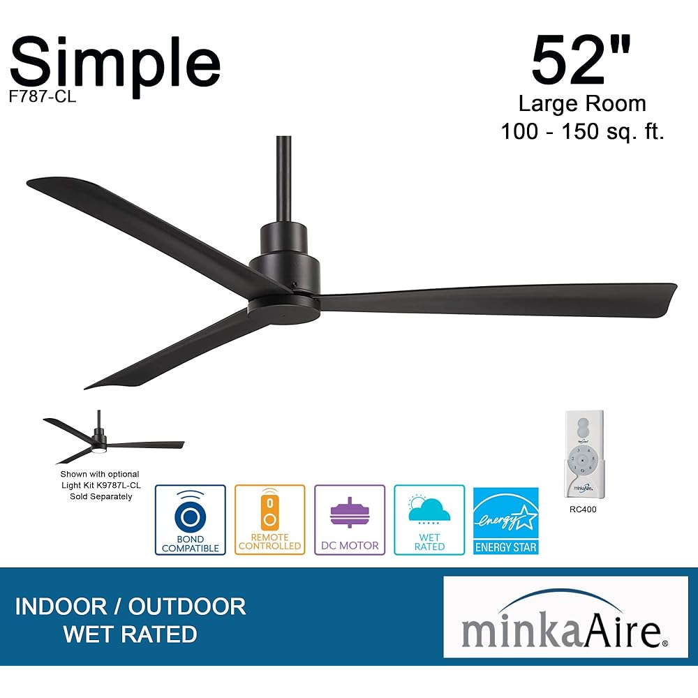 MINKA-AIRE F787-CL Simple 52 Inch Outdoor 3 Blade Ceiling Fan with DC Motor in Coal Finish : Tools & Home Improvement