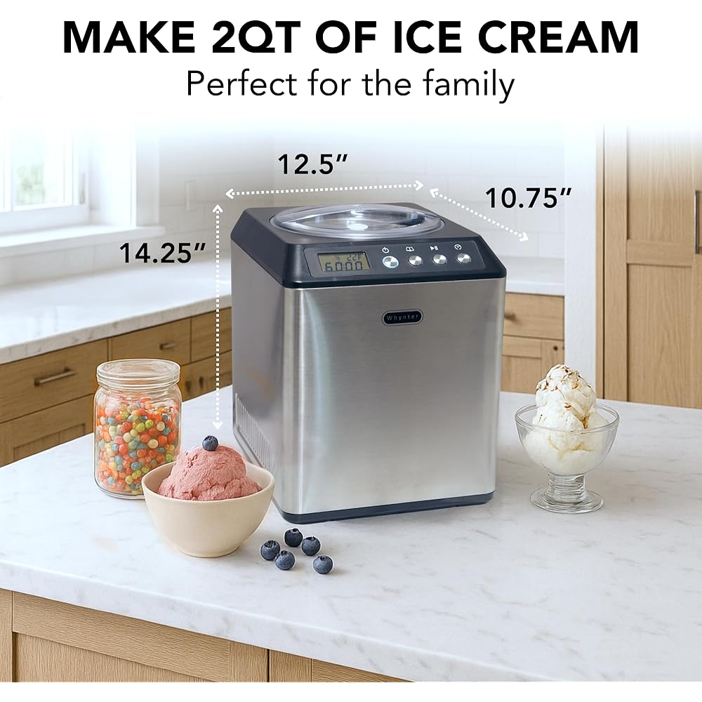 Whynter Ice Cream Maker Machine Automatic 2.1 Qt. Upright with Built-In Compressor, LCD Digital Display & Timer, No Pre-Freezing, ICM-201SB, Stainless Steel : Home & Kitchen