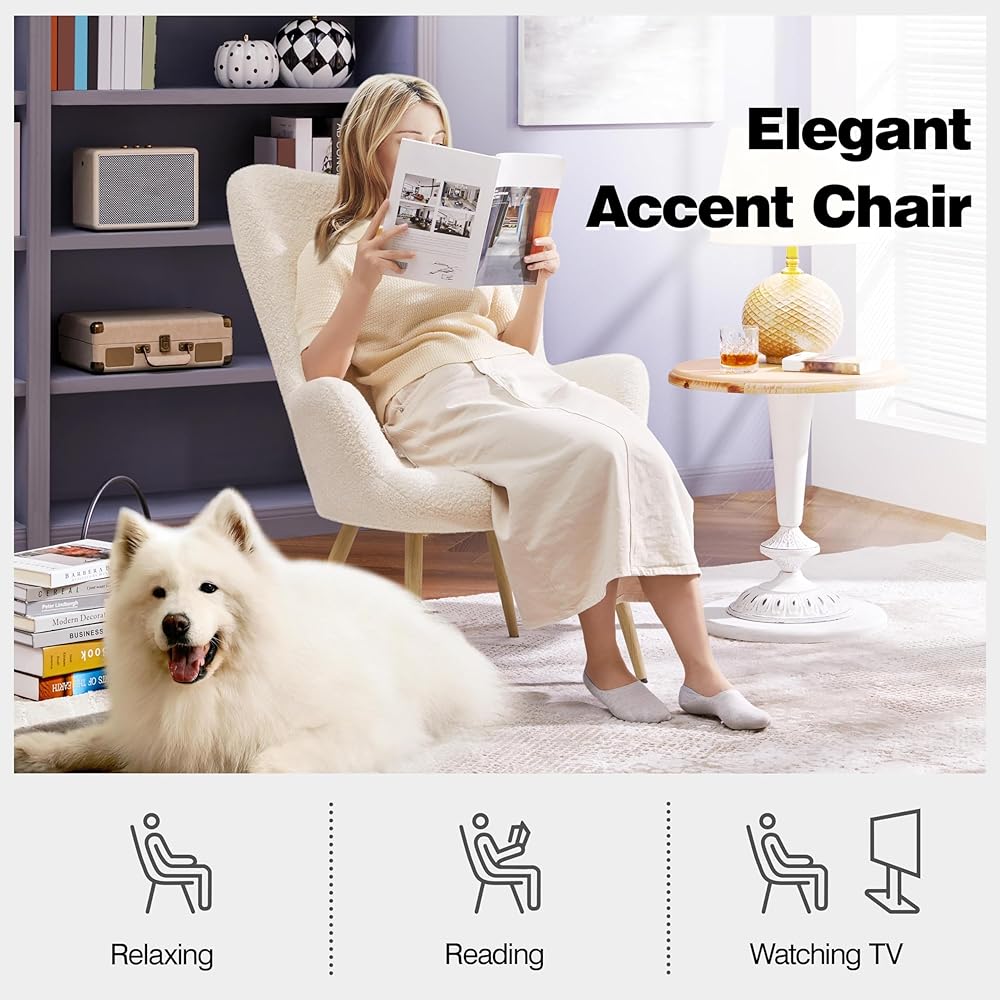 Yaheetech Accent Chair, Modern Boucle Vanity Chair with High Back and Wood-Tone Metal Legs, Sherpa Chair for Living Room, Home Office, Ivory : Home & Kitchen
