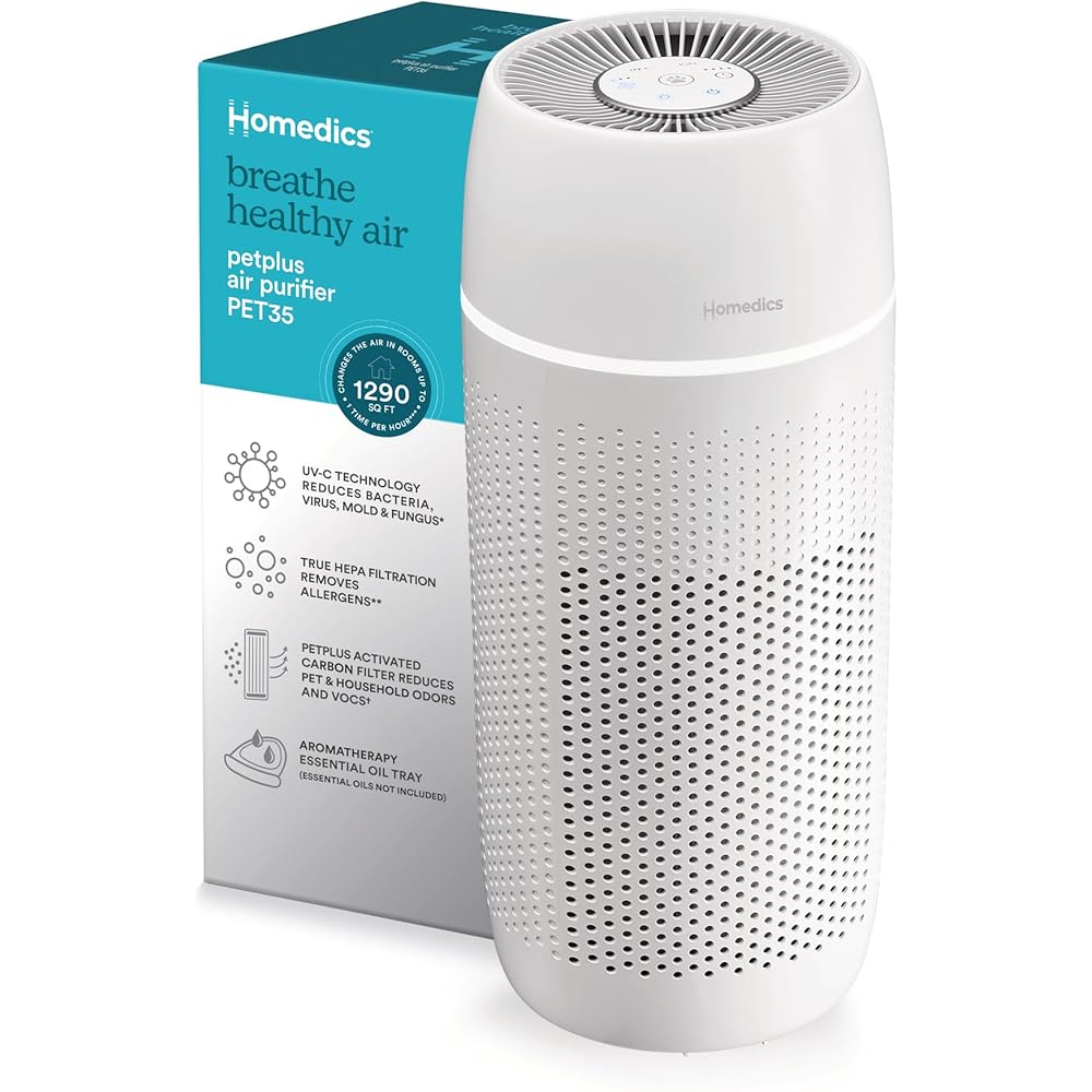 Homedics 5-in-1 PetPlus UV-C Air Purifier - 360-Degree HEPA Filter for 266 Sq Ft, Air Purifiers for Pets, Bedroom, and Home with Essential Oil Pads and Built-In Timer, 3 Speed Settings, White : Home & Kitchen