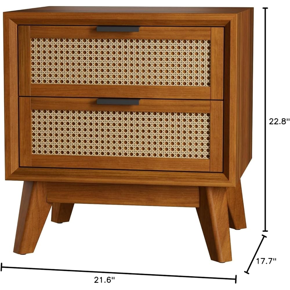 Bme Jasper Deluxe Solid Wood Rattan Nightstand Fully Assembled-Mid Century Modern Side Table with 2 Drawers-Multipurpose use for Living Room, Bedroom-Dark Chocolate : Home & Kitchen