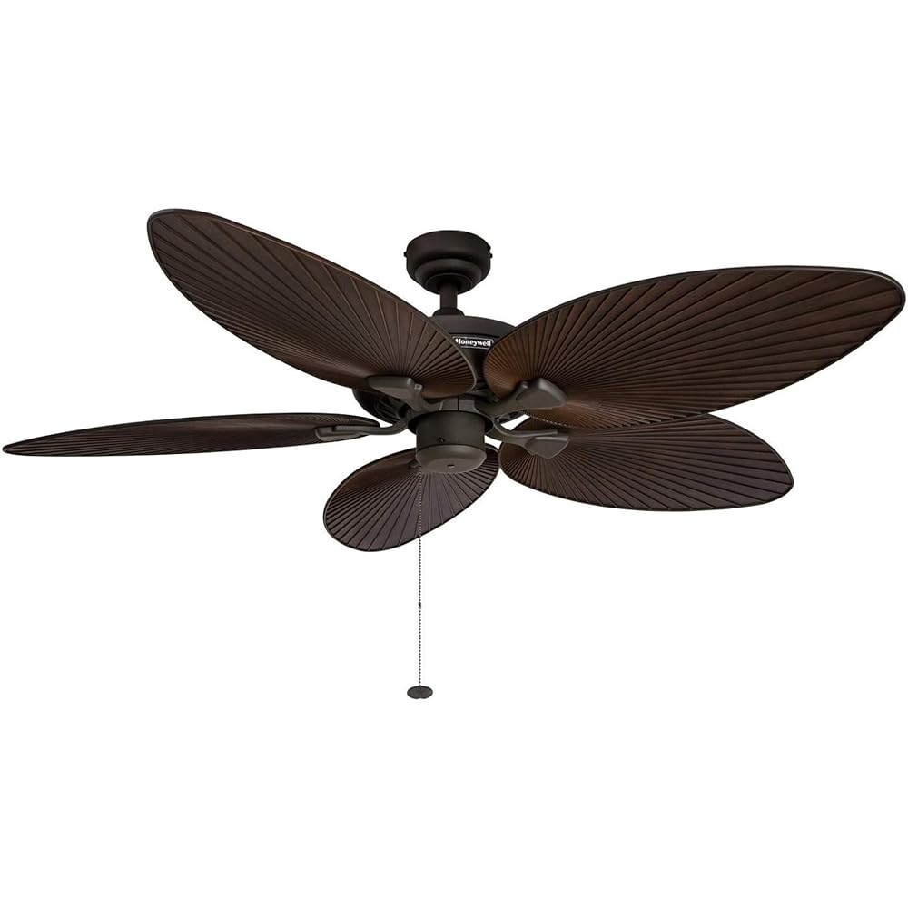 Honeywell Ceiling Fans Palm Island, 52 Inch Tropical Indoor Outdoor Ceiling Fan with No Light, Pull Chain, Three Mounting Options, 5 Palm Leaf Blades, Wet-Rated - 50207-01 (Bronze) -
