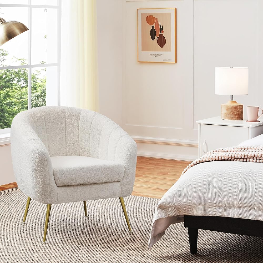 Yaheetech Sherpa Fabric Accent Chair, Modern Cozy Vanity Chair with Gold Metal Legs, Boucle Fabric Armchair with Removable Seat Cushion for Living Room Bedroom Office Guest Room, Ivory