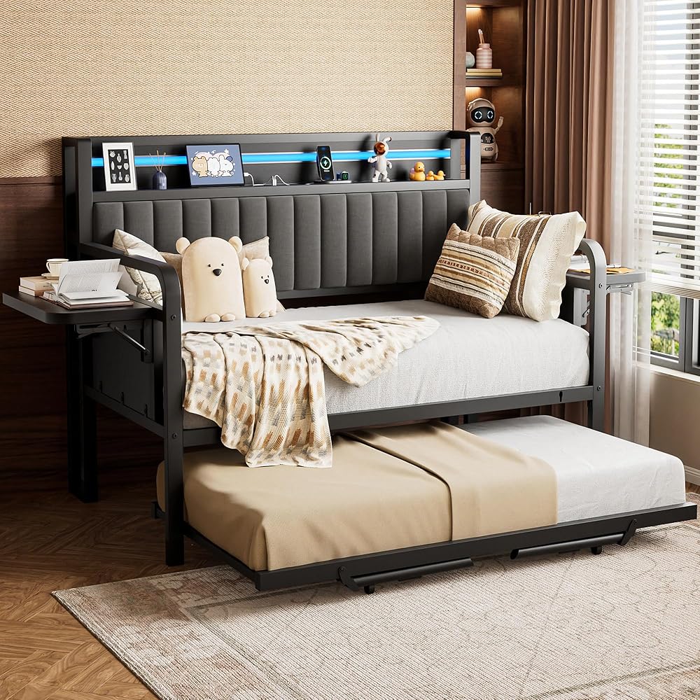 Daybed with Trundle and LED Light, Heavy Duty Metal Twin Bed Frame with Upholstered Storage Headboard & Charging Station, Day Bed Pop Up Trundle Bed Twin for Living Room,Bedroom and Guest Room (Black) : Home & Kitchen