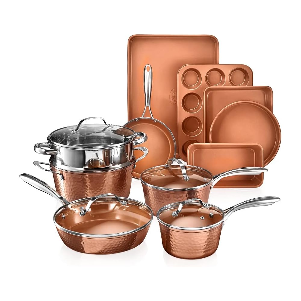 Gotham Steel Hammered 15 Pc Ceramic Cookware Set Nonstick, Deep Copper Pots and Pans Set Non Stick with Bakeware & Deep Fry Pan, Non Toxic PFOA PFOS Free, Induction Oven and Dishwasher Safe