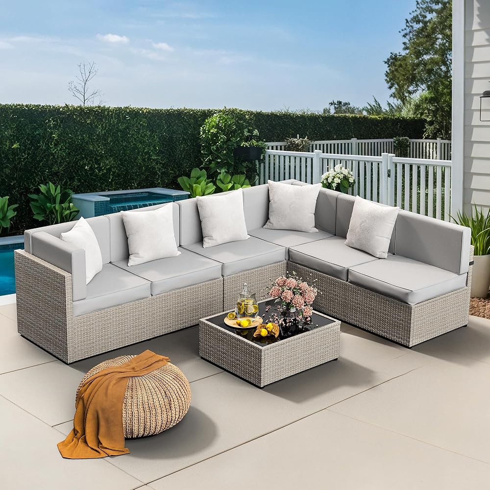 Pamapic 7-Piece Outdoor Sectional Furniture Set, All-Weather Wicker Patio Sofa with Washable Cushions, Gray Waterproof Rattan Conversation Set for Backyard, Poolside, Garden (Gray Cushions) : Patio, Lawn & Garden