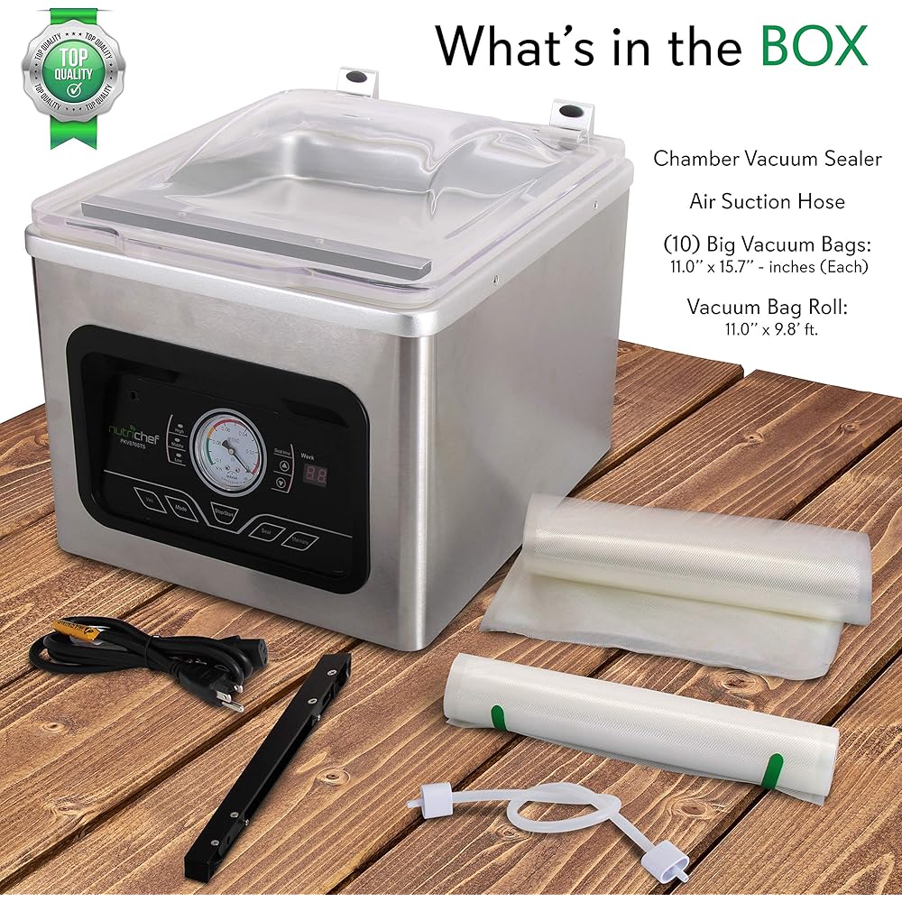NutriChef 350W Vacuum Sealer Machine - 8L Chamber Commercial Food Sealer, Automatic Meat Packing and Sous Vide System with Digital Control, Includes Vacuum Roll Bags : Home & Kitchen