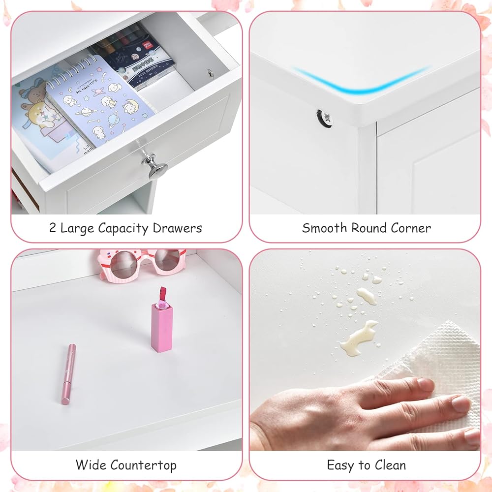 INFANS Kids Vanity, 2 in 1 Princess Makeup Desk and Chair Set with Drawers Tri-Folding Detachable Mirror Large Storage Shelves, Wooden Dressing Table, Pretend Play Vanity Set for Toddler Girls : Home & Kitchen