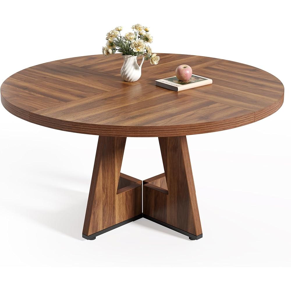 - LITTLE TREE Round Dining Table for 4-6 People, 47 Inches Dining Room Table with Wooden Pedestal Base, Brown Dinner Tables, Circle Kitchen Tables for Dining Room, Kitchen, Living Room(Table Only) - Tables