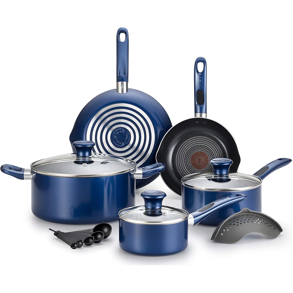 T-fal B037SE64 B037SE Excite ProGlide Nonstick Thermo-Spot Heat Indicator Dishwasher Oven Safe Cookware Set, 14-Piece, Blue: Home & Kitchen