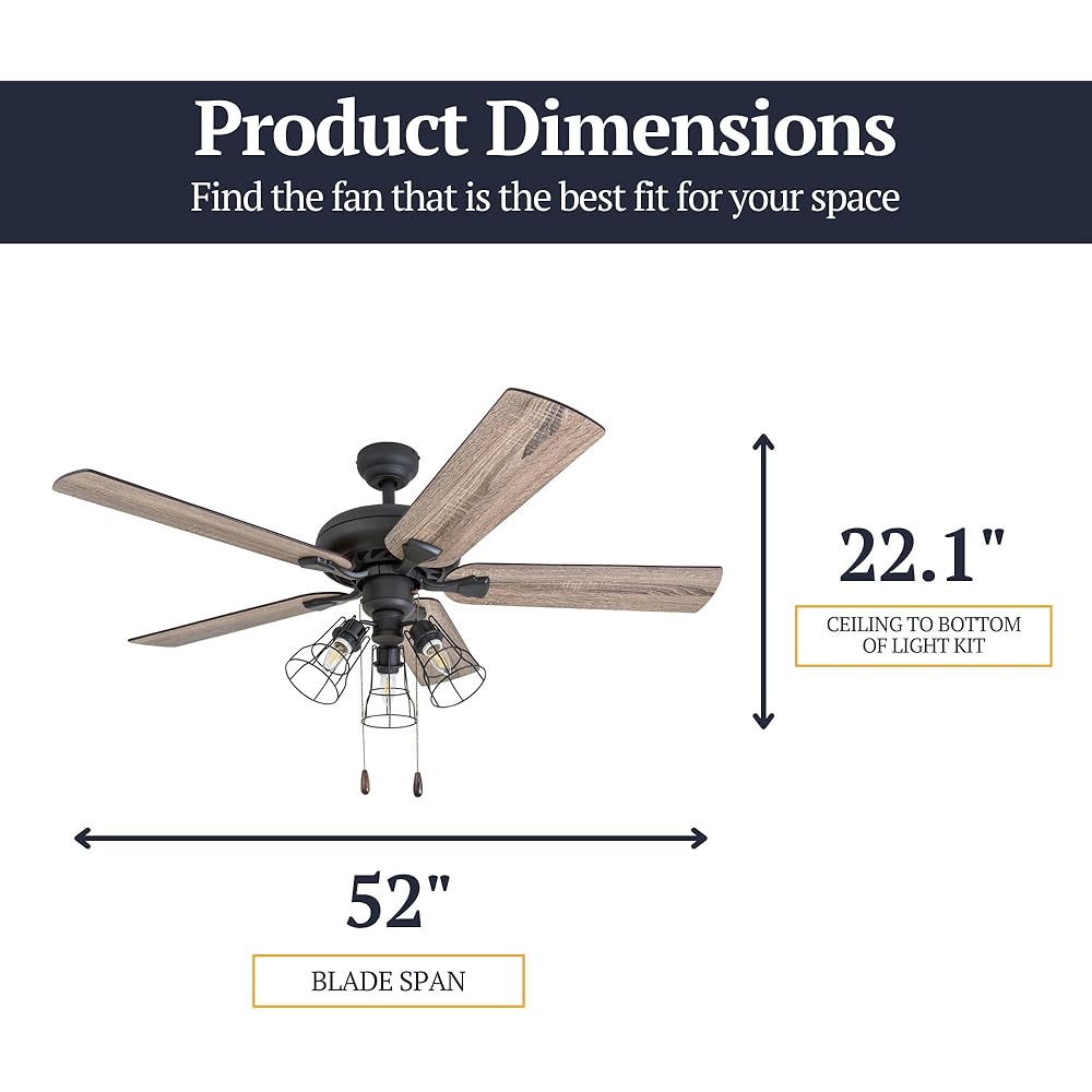 Prominence Home Lincoln Woods, 52 Inch Industrial Style LED Ceiling Fan with Light, Pull Chain, Three Mounting Options, 5 Dual Finish Blades, Reversible Motor - 50581-01 (Bronze) -
