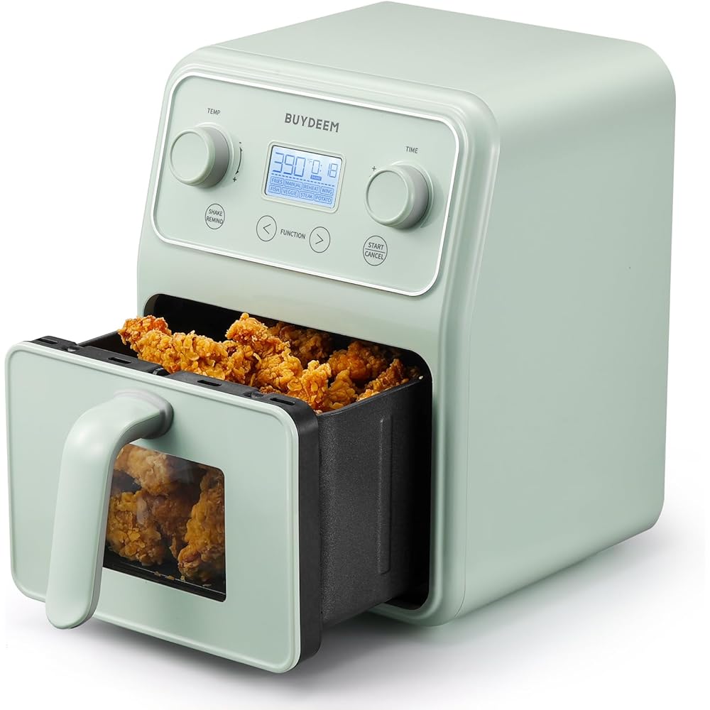 BUYDEEM F51 8-in-1 Air Fryer 4.2QT, Retro Countertop Airfryer Oven with Visible Window, Shake Reminder, One-touch Control with LCD Display, Cozy Greenish : Home & Kitchen