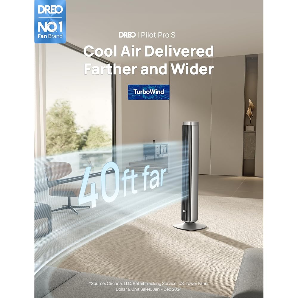 Dreo Tower Fan for Bedroom, 90° Oscillating Standing Fan with 40ft Far Airflow, 25dB Ultra Quiet DC Motor, 28ft/s Velocity, 12 Speeds, 42 inch, Smart Control, 4 Modes, 12H Timer, Pilot Pro S : Home & Kitchen