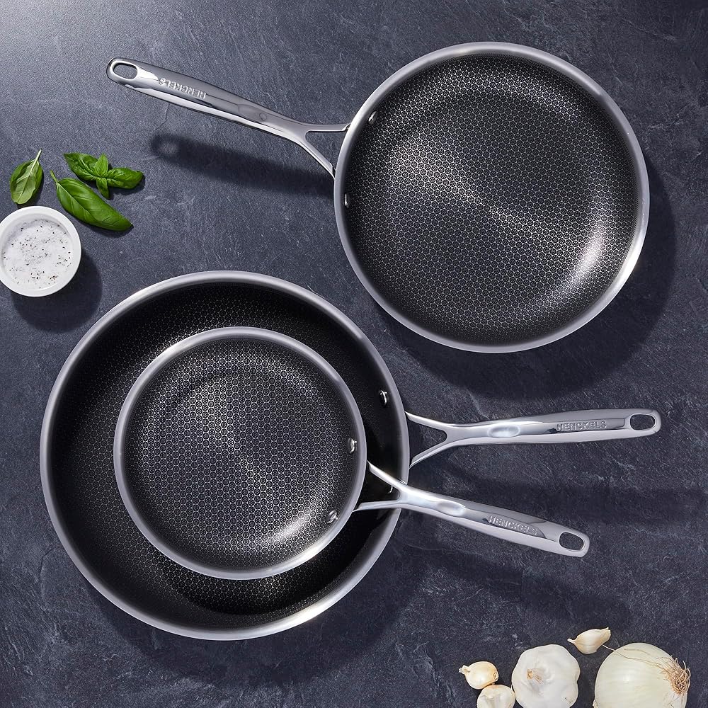 HENCKELS Paradigm 5-pc Cookware Set, Nonstick Frying Pan and Silicone Utensil Set, 3-Ply Stainless Steel Skillets for Induction Cooktop, Gas & Electric Stovetops – Dishwasher Safe & Oven Safe: Home & Kitchen