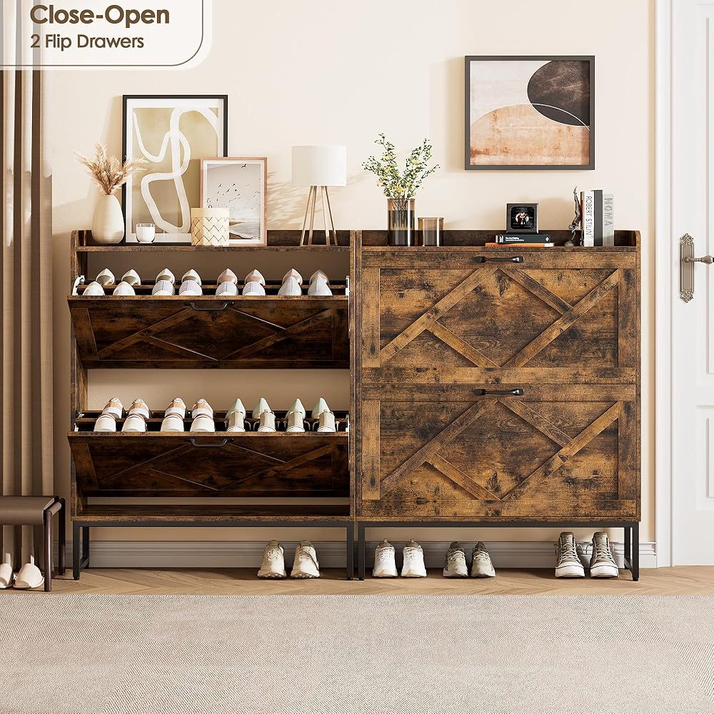 Nicetree Shoe Cabinet with 2 Flip Drawers, Freestanding Shoe Organizer with Metal Legs, Narrow Shoe Rack Cabinet, Farmhouse Slim Shoe Storage Cabinet for Entryway, Foyer, Hallway, Rustic Brown : Home & Kitchen