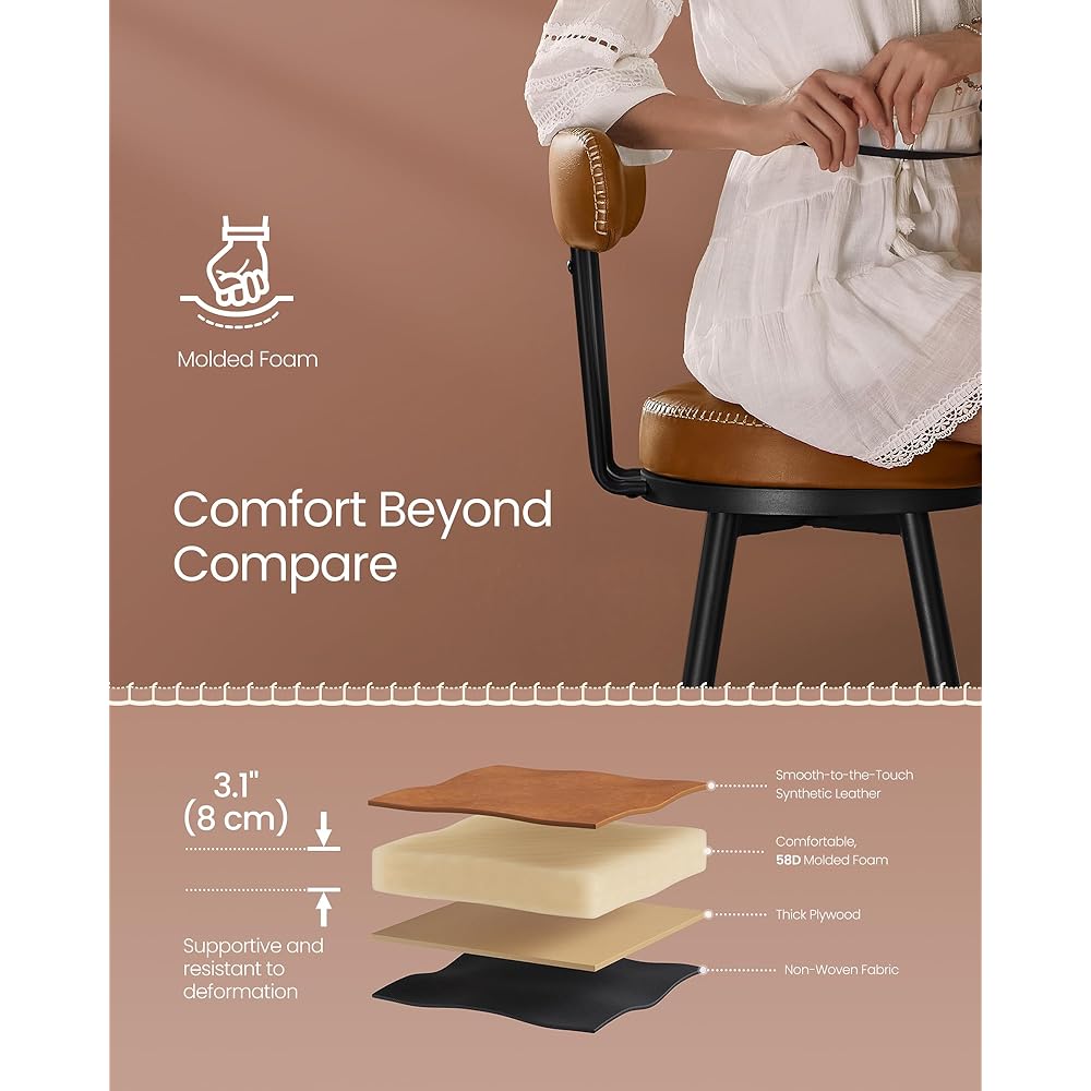 VASAGLE EKHO Collection - Bar Stools Set of 2, Swivel Bar Height Bar Stools with Back, Synthetic Leather with Stitching, Mid-Century Modern, 30-Inch Tall Barstools for Kitchen Home Bar, Caramel Brown : Home & Kitchen