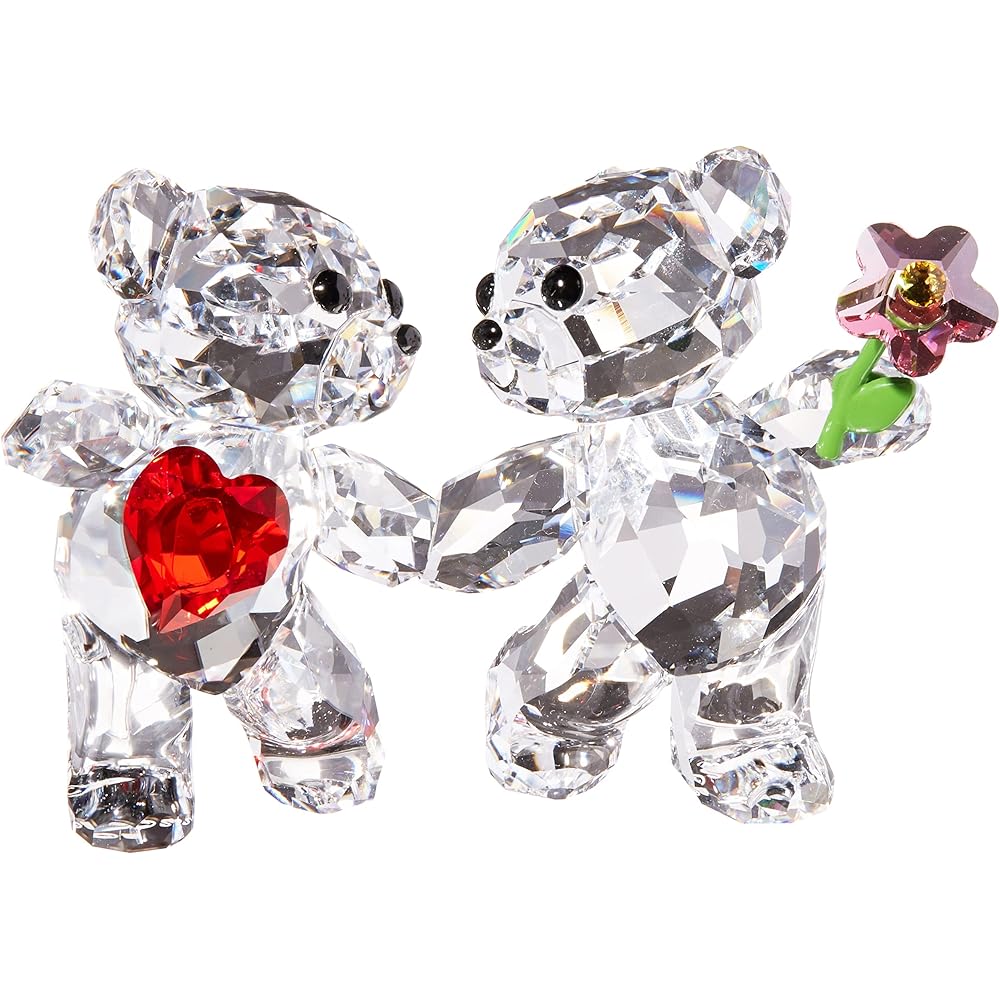 SWAROVSKI Kris Bears Happy Together Figurine Set, Clear Swarovski Crystal with a Red Heart and Pink Flower Accent, Part of the Swarovski Kris Bears Collection : Home & Kitchen