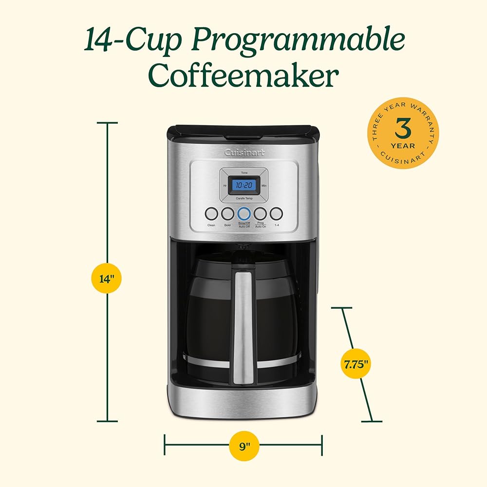 Cuisinart 14-Cup Coffee Maker, Programmable PerfecTemp Glass Carafe Coffee Machine with 1-4 Cup Setting, Brew Strength Control and Brew Pause, Stainless Steel, DCC-3200NAS: Home & Kitchen