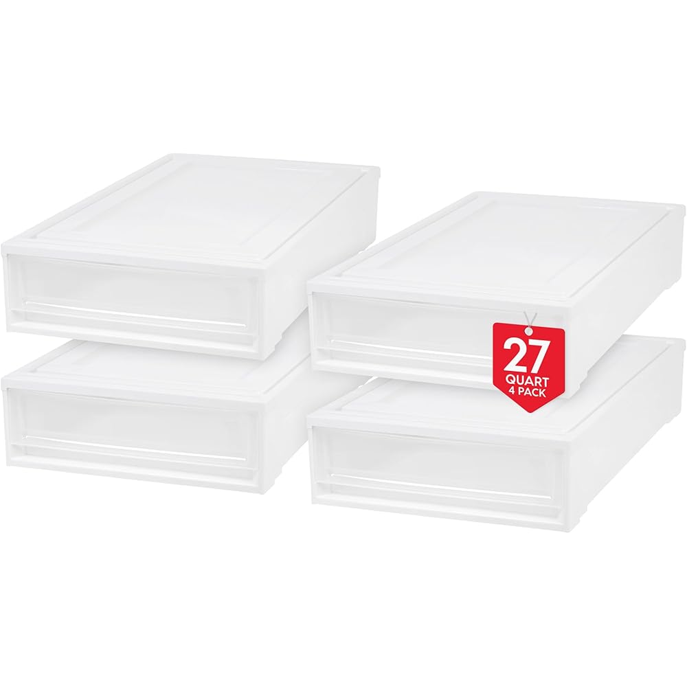 IRIS USA 27 Qt. Plastic Under Bed Storage Stackable Organizer Bin Container with Sliding Organizer Drawers, 4-Pack, Multi-Purpose for Clothes Shoes Clothing Bedding, White : Home & Kitchen