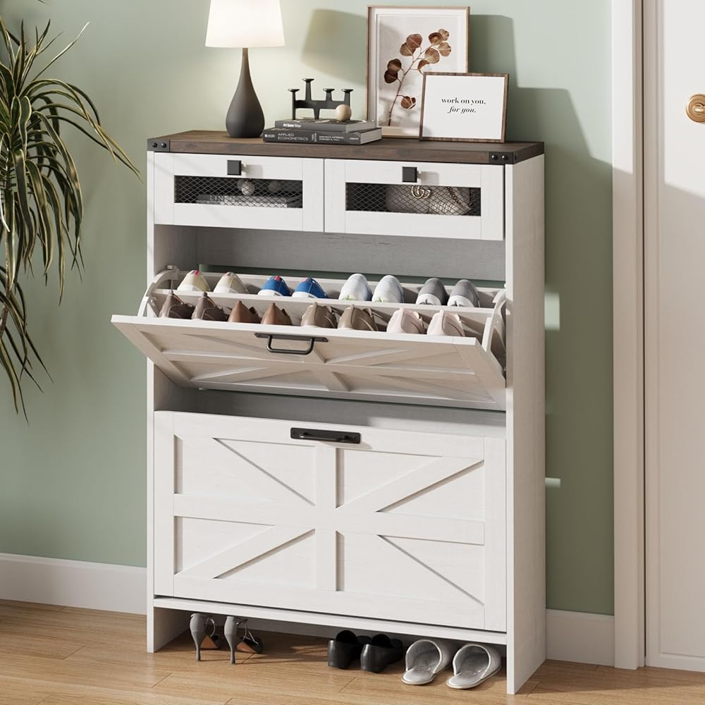 Halitaa Shoe Cabinet with 2 Flip Drawers& 2 Drawers,Farmhouse Shoe Storage Cabinet for entryway,Narrow Freestanding Shoe Rack Cabinet for Entrance,White : Home & Kitchen
