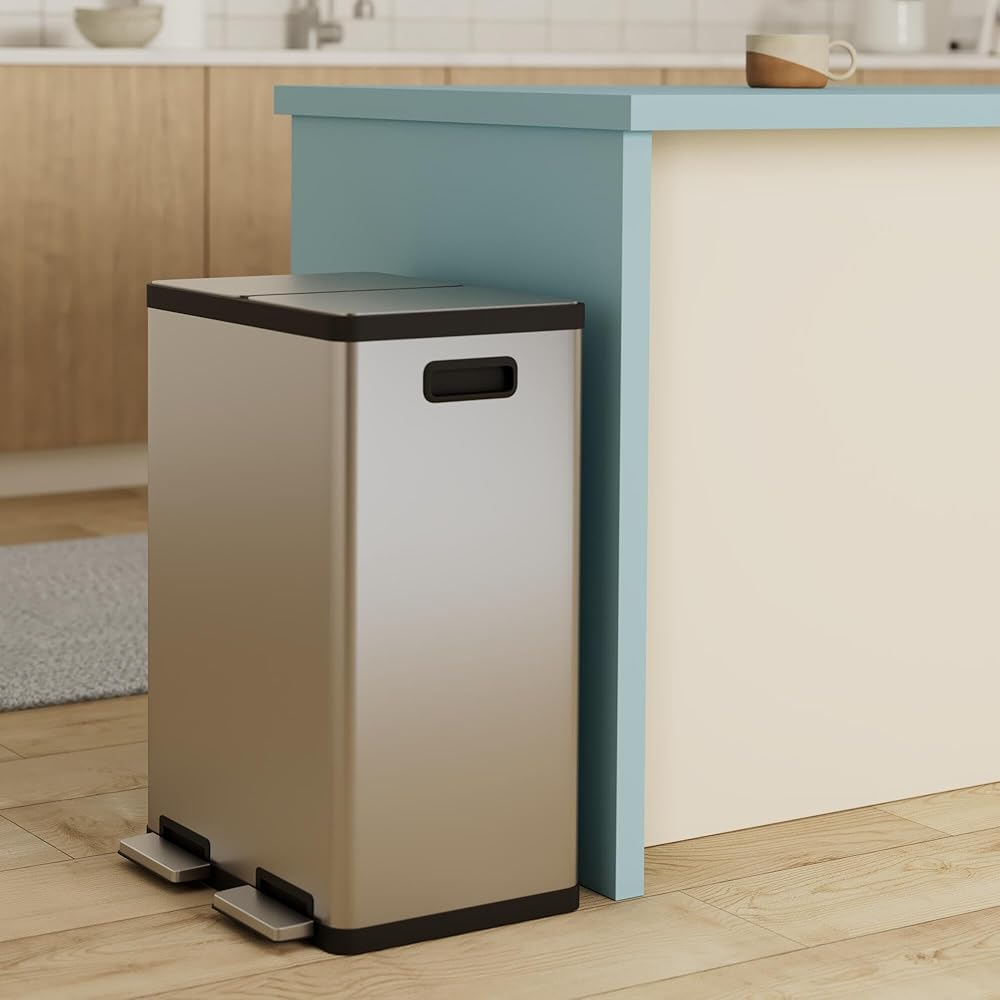 SIMPLI-MAGIC 60 Liter / 16 Gallon Rectangular Hands-Free Dual Compartment Recycling Kitchen Step Trash Can with Soft-Close Lid, Brushed Stainless Steel : Health & Household