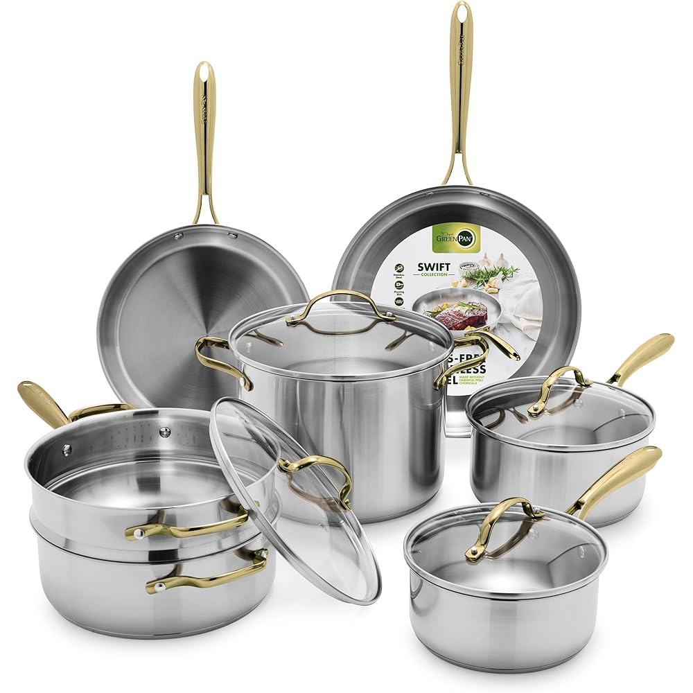 GreenPan 11 Piece Stainless Steel Cookware Set, Induction Ready, Tri-Ply Multiclad Pots & Pans with Lids, Compatible on All Cooktops, Measurement Markings, Dishwasher & Oven Safe, Swift, Gold Handles: Home & Kitchen
