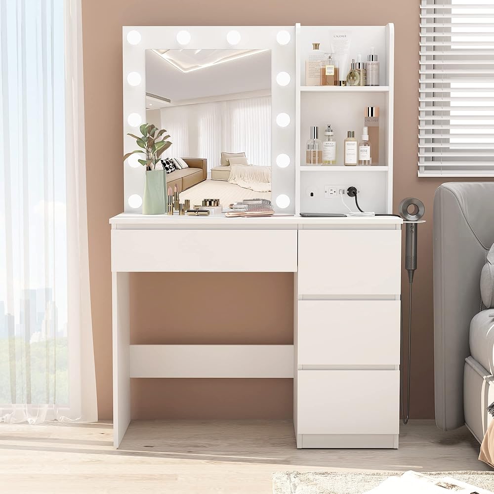 Vabches Makeup Vanity with Lights, 37inch Vanity Desk with Power Strip, 4 Drawers Makeup Table with Lighted Mirror, 3 Lighting Colors, White : Tools & Home Improvement