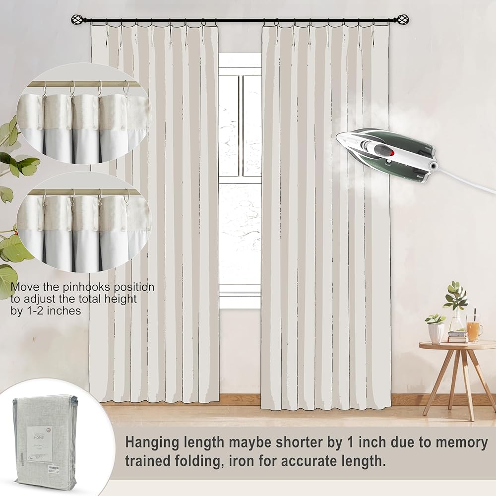 Vision Home Natural Pinch Pleated Full Blackout Curtains Linen Blended Room Darkening Window Curtains 102 inch for Living Room Bedroom Thermal Insulated Pinch Pleat Drapes with Hooks 60