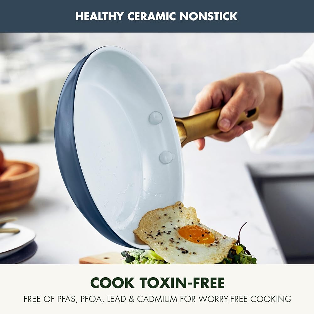 GreenPan 3 Piece Frying Pan Set, Induction Compatible 8” 10” & 12” Skillets, Ceramic Nonstick PFOA & PFAS-Free, Hard Anodized, Gold Handles, Dishwasher and Oven Safe, Navy, Taupe, Cream: Home & Kitchen