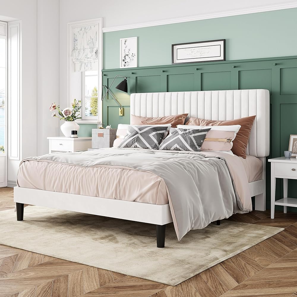 Allewie Queen Bed Frame, Velvet Upholstered Platform Bed with Adjustable Vertical Channel Tufted Headboard, Mattress Foundation with Strong Wooden Slats, Box Spring Optional, Easy Assembly, White : Home & Kitchen