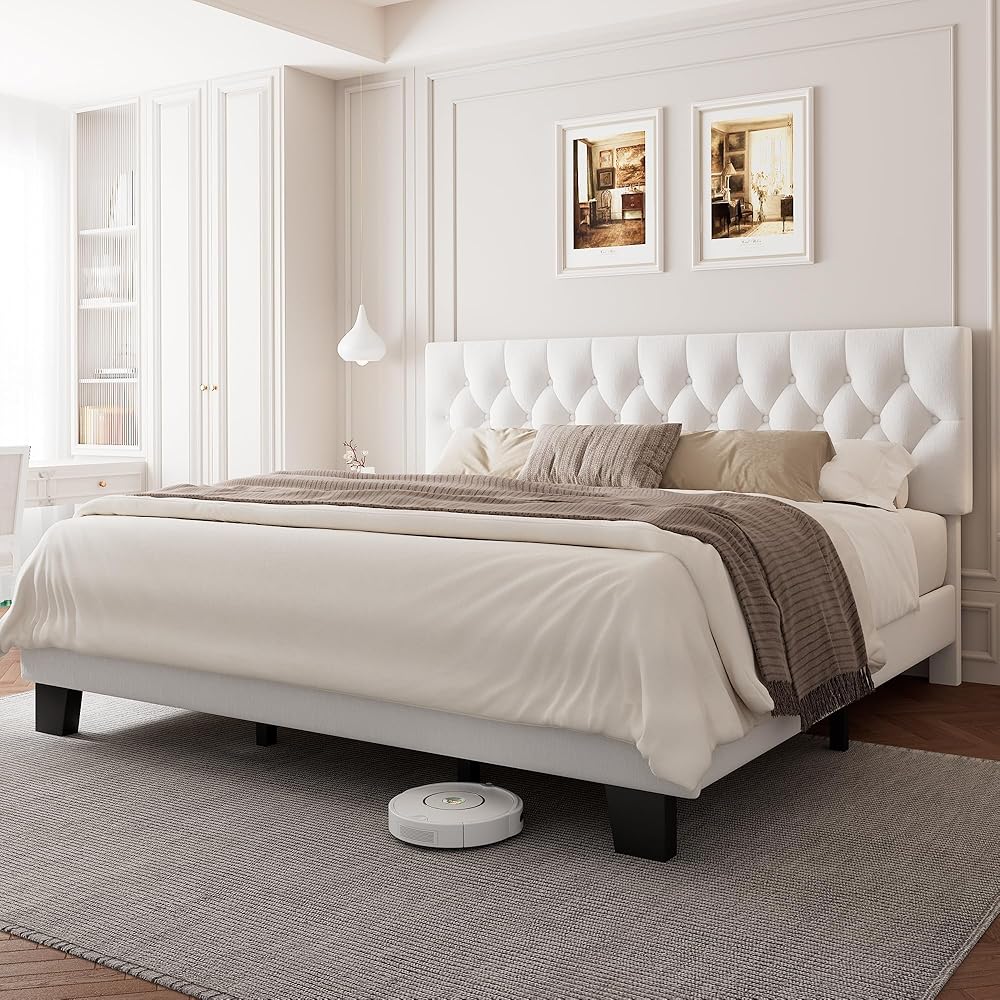 Einhomn King Upholstered Bed Frame with Headboard, Button Tufted Linen Bed Base, Platform Bed with Wood Slat, Heavy Duty, Easy Assembly, No Box Spring Needed, White : Home & Kitchen