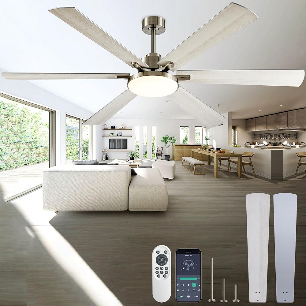 DIAMONDFORGE 72 Inch Ceiling Fans with Lights and Remote Control,Indoor/Outdoor Flush Mount Low Profile Commercial Reversible Dimmable Ceiling Fans for Living Room Patio Industrial Shop,White Silver -