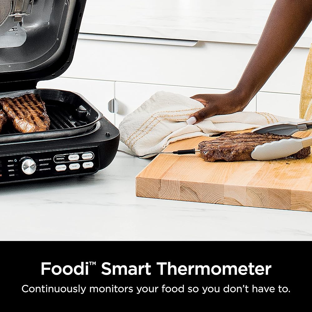 Ninja IG651 Foodi Smart XL Pro 7-in-1 Indoor Grill/Griddle Combo, use Opened or Closed, Air Fry, Dehydrate & More, Pro Power Grate, Flat Top, Crisper, Smart Thermometer, Black: Home & Kitchen