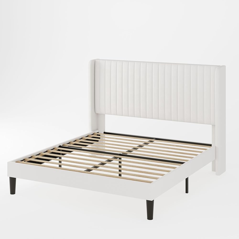 Allewie Full Size Velvet Bed Frame/Vertical Channel Tufted Wingback Headboard/Upholstered Platform Bed/Strong Wooden Slats/No Box Spring Needed/Easy Assembly/White : Home & Kitchen