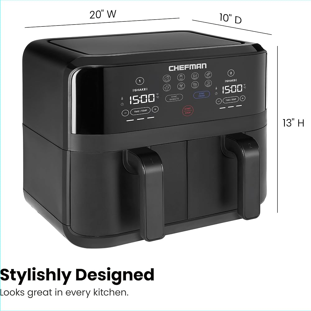 Chefman TurboFry Touch Dual Air Fryer, Maximize The Healthiest Meals With Double Basket Capacity, One-Touch Digital Controls And Shake Reminder For The Perfect Crispy And Low-Calorie Finish : Home & Kitchen