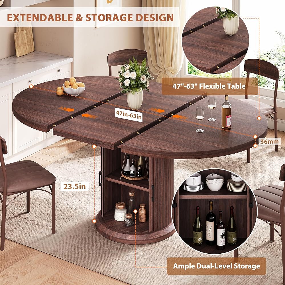 - Dining Table for 4-6,63“Extendable Round Kitchen Dining Room Table with 2-Tier Storage Shelf, Space Saving Expandable Wood Oval Circle Dinner Furniture with Pedestal Base (Brown) - Tables