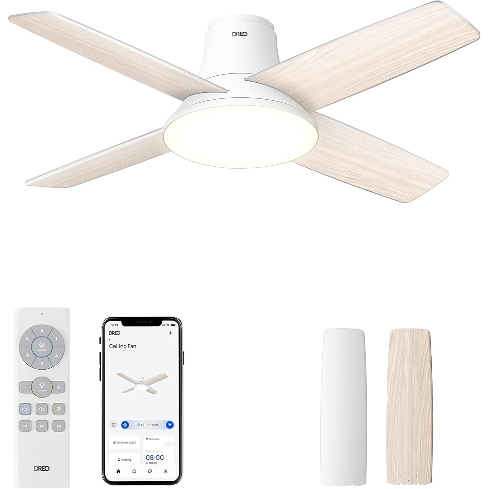 Dreo Ceiling Fans with Lights, 12 Speeds & 3 Fan Modes, Quiet DC Motor, Low Profile Easy to Install, Flush Mount Smart Ceiling Fan with Dimmable LED, 12H Timer for Bedroom, Remote, White, 44'' -