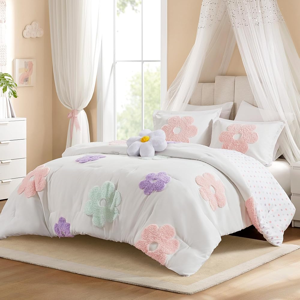 Urban Habitat Kids Queen Comforter Set for Girls, Tufted Chenille Floral Comforter Set Queen, Lightweight Polka Dot Comforter Reversible Bed Set, Shams, Pillow, Gracie, Full/Queen White/Purple 4 Piece : Home & Kitchen