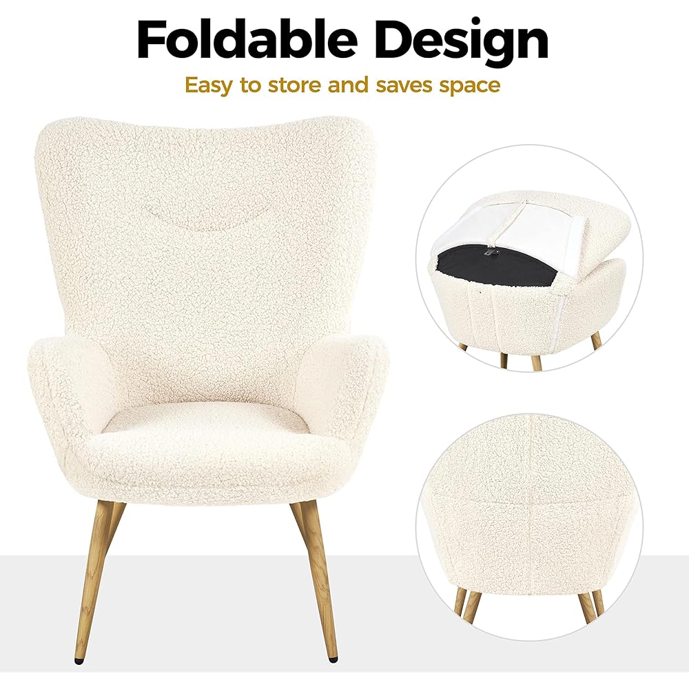 Yaheetech Accent Chair, Modern Boucle Vanity Chair with High Back and Wood-Tone Metal Legs, Sherpa Chair for Living Room, Home Office, Ivory : Home & Kitchen